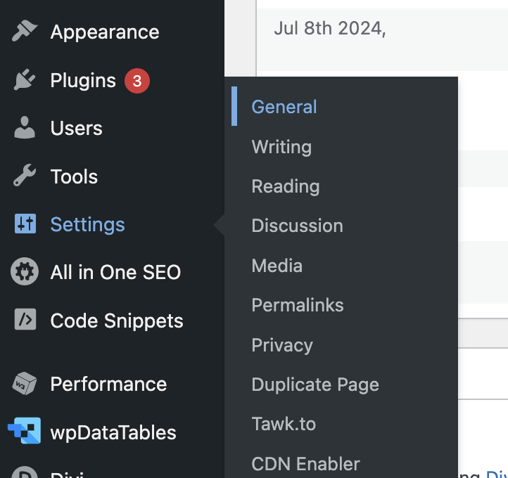 wordpress dashboard Settings